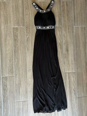 Xscape Black Halter Maxi Dress with Beaded Neckline and Waist